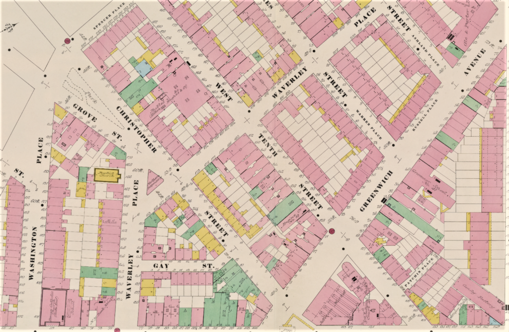 Part of the urban fabric of the West Village, as it stood in 1895, from a Sanborn map of Manhattan.